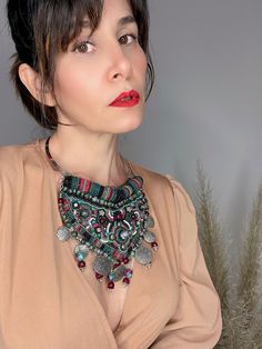 Boho Gemstone Bib Necklace, Hand Embroidery Necklace, Beaded Statement Chunky Necklace, Bohemian Tribal Necklace, Ruby Zoisite Bead Necklace Hand embroidery bib necklace for a special woman. ✴WOULD YOU LIKE TO HAVE A STRIKING ACCESSORY TO ELEVATE YOUR LOOK IN A SINGLE GESTURE? This accessory will add value to the casual, most neutral looks and also more elaborate compositions and allow them to be elevated to another level. This is a one-of-a-kind handcrafted piece that every confident and empowe Handmade Green Bohemian Crystal Necklaces, Handmade Silver Bohemian Beaded Necklaces, Handmade Silver Beaded Bohemian Necklace, Bohemian Beaded Choker Necklace, Green Bohemian Crystal Necklace With Beaded Chain, Bohemian Multicolor Crystal Necklace With Beaded Chain, Multicolor Bohemian Beaded Necklace With Boho Collar, Green Beaded Hippie Necklace, Bohemian Multicolor Beaded Necklace With Boho Collar