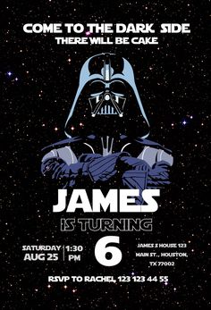 a star wars birthday party poster with darth vader on the front and back