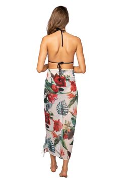 A sarong for every occasion! This is the perfect transitional piece from day time pool parties to a walk along the pier. Throw this over your bathing suit with this versatile piece that has at least 5 ways to wear. Pool to Party 100% Sheer Poly | Digital Print One-Size fits most Made in USA of imported fabrics White Floral Print Swimwear For Beach Cover-up, Floral Print Swimwear For Beach Party During Resort Season, Summer Tropical Print Poolside Cover-up, Halter Neck Tropical Print Swimwear For Summer, Beach Party Tropical Print Cover-up, Summer Tropical Print Halter Neck Swimwear, Floral Print Halter Neck Swimwear For Summer, Summer Halter Neck Swimwear With Tropical Print, Beachy Printed Swimwear For Summer Parties