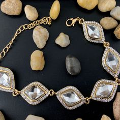 Crystal Diamond Shape Gold Bridal Bracelet | Bellaire Wholesale Black Tie Formal, Zircon Jewelry, Crystal Stones, Bridal Bracelet, Clear Stone, Picture Jasper, Heishi Beads, Gold Crystal, Jasper Beads