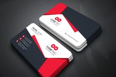 two sided business card with red and black accents on the front, side and back