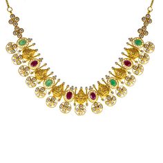 This 22k antique gold necklace by Virani Jewelers brings the timeless beauty of temple jewelry to your collection. Adorned with vibrant rubies, emeralds, and cubic zirconia, the intricate craftsmanship reflects both tradition and luxury. The warm glow of the antique 22k gold enhances the rich gemstones, making it a statement piece of Indian gold jewelry for any special occasion. Ideal for those who appreciate heritage-inspired jewelry, this 22k gold temple necklace is a perfect blend of elegance and artistry.Features• 22k yellow gold• Antique finish• Engraved details• Emerald• Ruby • Cubic zirconiaSpecifications:• Minimum Width - 2 millimeters• Maximum Width - 28 millimeters• Length - 16 inches• Weight - 39.9 grams Luxury Elegant Gold Temple Necklace, Luxury 22k Gold Emerald Necklace, Luxury Traditional 22k Gold Emerald Necklace, Luxury 22k Gold Emerald Temple Necklace, Luxury 22k Yellow Gold Temple Necklace, Luxury Engraved Temple Jewelry Necklace, Luxury Yellow Gold Temple Necklace With Gemstones, Luxury Yellow Elegant Temple Necklace, Luxury Yellow Gold Temple Necklace With Ruby