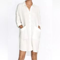 New With Tags Casual Long Sleeve Shift Shirt Dress, Long Sleeve Shift Shirt Dress For Vacation, Shift Fit Long Sleeve Shirt Dress For Vacation, Summer Long Sleeve Shift Shirt Dress, White Shift Shirt Dress For Summer, Cotton Shirt Dress With Pockets For The Beach, Knee-length Shirt Dress With Pockets For Vacation, Summer Button-up Shirt Dress With Pockets, Chic Summer Button-up Shirt Dress