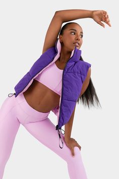 Get lost in the moment with the Reverse It Puffer Jacket—the puffer jacket of the season. It’s got all the features you love about puffer jackets, super puffy with a high neckline, full zip through, yet cut in a sleeveless style. Not to mention it's reversible in two irresistibly sorbet shades: Power Purple and Fairy Floss Pink. Lost In The Moment, Fairy Floss, Shorts With Tights, Just Dance, High Neckline, Puffer Jacket, Leotards, Puffer, Sports Bra