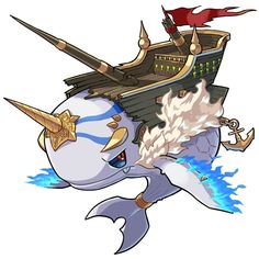 an image of a cartoon character riding a ship on top of a shark with horns