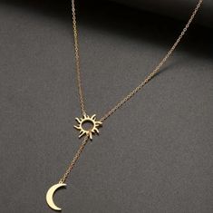 Features A Moon And Sun In Stainless Steel With 18kt Gold Plating Necklace Is Around 23.62 Inches Moon And Sun Pendant, Gold Charm Necklaces With Sun And Moon Design, Elegant Gold Charm Necklaces With Sun And Moon Design, Elegant Gold Charm Necklace With Sun And Moon Design, Minimalist Gold Necklace With Sun And Moon Design, Baddie Jewelry, Math Tables, Sunshine Necklace, Space Jewelry