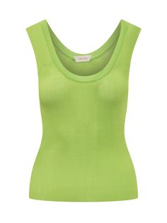 Sleeveless top. u-neck. Rib knit workmanship.Composition: 75% Viscose, 25% Polyamide Spring Scoop Neck Fitted Knit Top, Fitted Scoop Neck Knit Top For Spring, Chic Green Sleeveless Knit Top, Fine Knit Viscose Tops For Summer, Summer Fine Knit Viscose Tops, Fine Knit Viscose Summer Tops, Stretch Viscose Tank Top For Spring, Spring Viscose Stretch Tank Top, Spring Stretch Viscose Tank Top