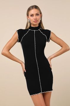 Everyone will want to copy your aesthetic when they catch you looking cute in the Lulus Cool Vibe Black Ribbed Short Sleeve Mock Neck Mini Dress! Super stretchy ribbed knit creates a classic bodycon mini dress, complete with a mock neckline, short cap sleeves, and a mini hem. Lettuce edges and beige seaming lend contrast throughout. Mock Neck Mini Dress, Ribbed Shorts, Mock Neckline, Black Rib, Cup Size, Large Size Dresses, Bodycon Mini Dress, Stretchy Fabric, Mini Black Dress