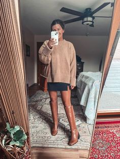 Jean Skirt Brown Boots Outfit, Black Skirt Tan Boots Outfit, Thanksgiving Outfit With Black Boots, Brown Midi Dress Outfit Winter, Turtle Neck Sweater And Skirt Outfit, Flat Riding Boots Outfit, Cute Fall Dinner Date Outfits, Sweater With Skirt And Boots, Fall Boots With Dress