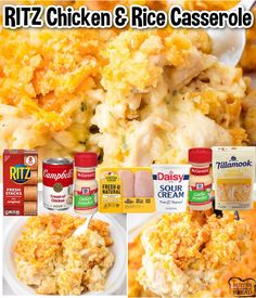 chicken and rice casserole is shown with other ingredients