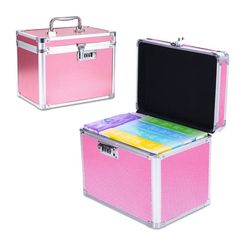 two pink and silver briefcases sitting next to each other on a white background,