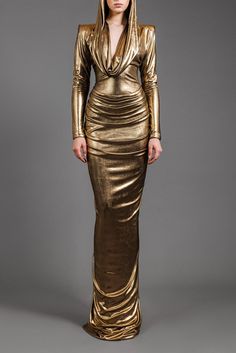 Her Trove-Long sleeves lurex hooded dress Egyptian Inspired Fashion, Jean Louis Sabaji, Baju Pengapit, Gold Long Sleeve Dress, Gold Drapes, Metal Dress, Drape Gowns, Loose Hoodie, Hooded Dress