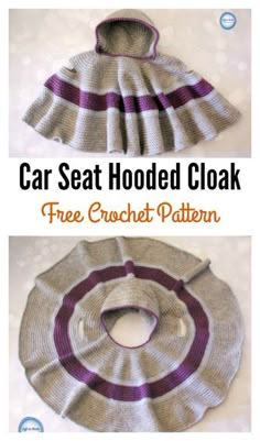 two pictures showing how to crochet a car seat hood with text overlay that reads, car seat hooded cloak free crochet pattern