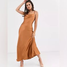 Brand New With Tag Glamorous Caramel Color!!! Elegant Brown Slip Dress For Party, Brown Satin Midi Dress For Evening, Brown Evening Dress, Midi Length, Elegant Brown Maxi Dress For Night Out, Elegant Brown Satin Maxi Dress, Elegant Brown Midi Dress For Cocktail, Elegant Brown Cocktail Midi Dress, Elegant Brown Slip Dress For Evening, Elegant Brown Slip Dress For Date Night