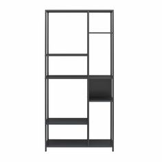 a black bookcase with three shelves and one shelf on the bottom, against a white background