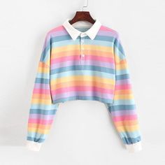 Long Sleeve Rainbow Color Ladies Hoodies With Button Striped Korean Style Sweatshirt Crop Top Styles, Spring Blouses, Streetwear Mode, Crop Top Hoodie, Crop Top Sweatshirt, Collared Sweatshirt, Striped Sweatshirts, Cropped Tops, Striped Hoodie