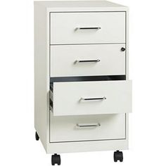 a white filing cabinet with three drawers on wheels