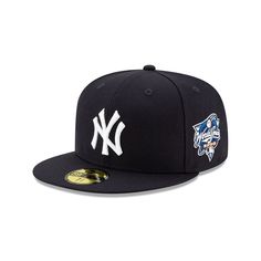 The New York Yankees World Series Side Patch 59FIFTY Fitted Cap features an embroidered Yankees logo at the front panels with a World Series Side patch at the left-wear side and a team color MLB Batterman logo at the rear. Additional details include a gray undervisor. Throwback Flat Bill Fitted Hat For Fans, Throwback Fitted Flat Bill Hat, Navy Sporty Fitted Hat With Flat Bill, Throwback Fitted Hat With Flat Bill For Fans, Six-panel Fitted Hat With Logo Patch For Sports Events, Sports Fitted Hat With Logo Patch And Flat Bill, Fitted Hat With Letter Patch For Sports Events, Navy Fitted Hat For Sports Events, Navy Flat Bill Hat For Sports Events