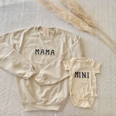 This unique and trendy matching MAMA and MINI outfit is perfect for holidays, events, and photoshoots! This is also perfect for gifting to your friends! The letters (patches) and are heat pressed. Our sweatshirts run in a UNISEX fit. The sweaters naturally have a slightly oversized fit giving extra room for moving around and comfort! For this reason, we highly recommend getting your true normal size especially if you like that slight oversized fit! :) Order one size up for a more oversized one. Gifts For Expecting Moms, Mama And Mini Shirts, Gifts For New Mom, Mini Shirts, Trendy Mom Outfits, Mommy And Me Shirts, Mom Dad Baby, Mother Daughter Matching Outfits, Mini Outfit