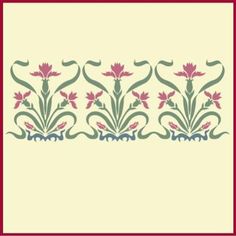 an embroidered border with red flowers and vines on cream background, in the center is a maroon frame