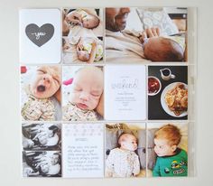 a collage of photos with baby pictures and words on them is displayed in a white frame