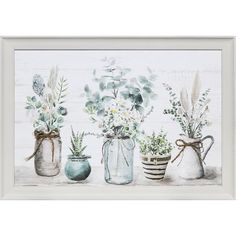 three vases with flowers and plants in them on a white background, framed print