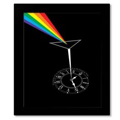 a clock with a rainbow light coming out of it