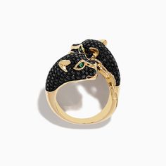 Effy Signature 14K Yellow Gold Emerald and Diamond Panther Ring Black Diamond Multi-stone Jewelry, Black Multi-stone Round Rings, Black Diamond Multi-stone Rings, Collectible 14k Gold Rings With Vs Clarity, Black Multi-stone Fine Jewelry, Black Multi-stone Ring, Fine Jewelry With Black Multi-stone, Fine Black Multi-stone Jewelry, Formal Black Multi-stone Rings