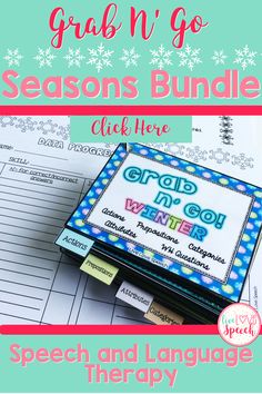 an open notebook with the words grab n go seasons bundle on it and snowflakes