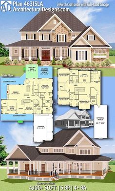 two story house plans with 3 car garages and attached porches on the first floor