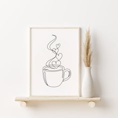 a drawing of a coffee cup on a shelf next to a vase with a plant in it