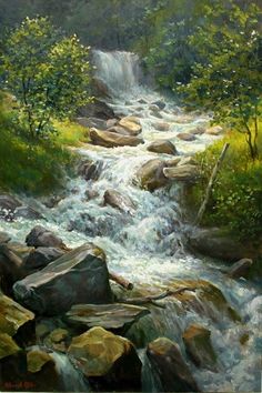 a painting of a stream in the woods