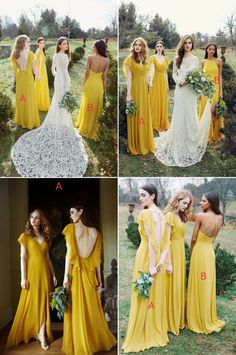 the bridesmaids in yellow dresses are posing for pictures