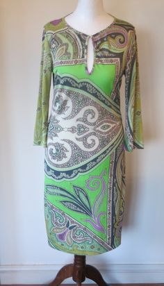 This dress is just amazing and I cannot overstate how incredible this looks on the figure when on. A fabulous example of Etro at its best. In a fantastic light material in Etro's signature psychedelic paisley pattern in soft tones of green, mauve and beige. Amazing Palm Beach style with that incredible made in Italy quality. Length 96 cm from shoulder to hem Made in Italy Sixties Style, Palm Beach Style, Sixties Fashion, Green Silk, Paisley Pattern, Just Amazing, Dress Clothes For Women, Beach Style, Palm Beach