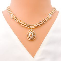 This exquisite 18k gold set, weighing 48.3 grams, features an opulent leaf-adorned design adorned with dazzling diamonds. The yellow gold finish enhances its luxurious appeal, making it perfect for any special occasion. The set includes a necklace with a total diamond weight of 7.47 carats, featuring F-G color and VS quality diamonds in round and tapered baguette shapes. The necklace has a length of 16.5 inches with a 1-inch drop length, adjustable 1-inch links, and a secure hook lock. The match Formal Gold Diamond Necklace Hallmarked, Classic Hand-set Gold Jewelry Sets, Classic Gold Jewelry Sets, Classic Gold Bridal Necklace With Elegant Design, Elegant Yellow Gold Bridal Necklace With 17 Jewels, Exquisite Gold Diamond Necklace For Formal Events, Gold Diamond Necklaces For Formal Occasions, Formal Gold Diamond Necklaces, Formal Gold Diamond Necklace