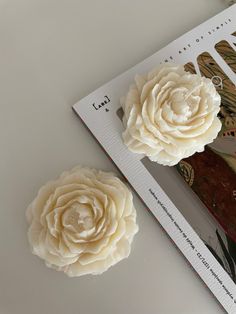 two white flowers sitting on top of a book