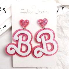 Barbie B Pink And White Glitter Acrylic Stud Earrings For Pierced Ears. Not For Kids Under 8. Barbie Movie Barbiecore Barbie Fashionista Barbie Girl White Earrings For Valentine's Day Party, White Glitter Earrings For Party, White Glitter Party Earrings, White Heart Shaped Earrings For Birthday, White Heart-shaped Earrings For Birthday, Trendy White Earrings For Birthday, Personalized White Earrings For Party, Fashionista Barbie, Earring Frame