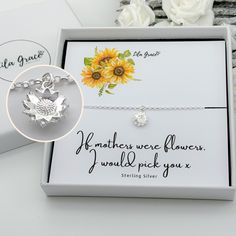 "If mothers were flowers, I would pick you - the perfect gift for your mum, a sterling silver bracelet with a cute detailed solid sunflower charm, available in a range of sizes, 1/2\" extenders are available and also the multi size option so it is fully adjustable from small to large. Option to buy the bracelet on its own or with a Lila Grace jewellery box, perfect if buying as a gift. WHAT YOU GET 1x Bracelet - Sterling silver chain and 12mm Sunflower charm Jewellery Card and Resealable Clear Bag Optional Jewellery Box BRACELET SIZES Multi Size - 6\" to 8\" (6 inch bracelet with a 2 inch extender) 5.5 inches 6 inches 6.5 inches 7 inches 7.5 inches 8 inches Optional 1/2 inch extender can be added to the bracelet, this means the bracelet can be adjusted to a larger size. OTHER ITEMS THAT MI Flower Charm Jewelry For Wedding Gift, Wedding Gift Jewelry With Flower Charm, Mother's Day Wedding Gift Jewelry With Gift Box, Adjustable Flower Jewelry For Mother's Day, Flower Charm Jewelry Gift For Mom, Sterling Silver Jewelry For Mother's Day With Gift Box, Flower Charm Jewelry For Anniversary Gift, Flower-shaped Sterling Silver Jewelry For Mother's Day, Mother's Day Flower Charm Jewelry Gift