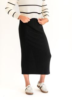 The Louisa Ribbed Maxi Skirt is the perfect 'any occasion' style, this fitted midi skirt is crafted from heavyweight premium slub rib fabric for a luxurious feel. Featuring a high-rise elastic waistband and a chic center back slit, this skirt offers both comfort and sophisticated style! Style | Maxi, Skirt with Slit Co Ribbed Maxi Skirt, Fitted Midi Skirt, Black Floral Skirt, Knit Maxi Skirt, Knit Midi Skirt, Even And Odd, Pencil Skirt Black, Midi Skirt Pencil, Black Midi Skirt