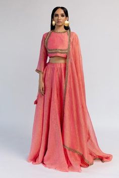 Shop for Mimamsaa Pink Dviti Tissue Silk Crushed Lehenga Set for Women Online at Aza Fashions Crushed Lehenga, Pink Lehenga, Embroidered Neckline, Embroidered Silk, Embroidered Blouse, Set For Women, Aza Fashion, Sleeve Type, Lehenga