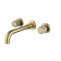 an image of two handles on a wall mounted faucet in brushed brass finish