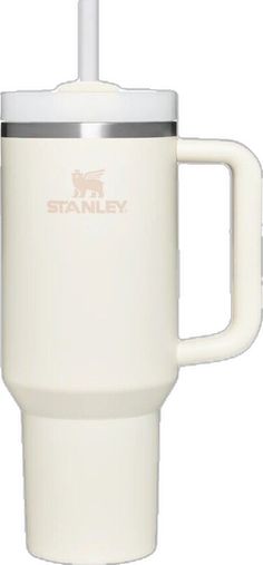 the stanley coffee cup is white and has a straw in it's handle,