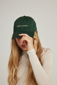 Matcha Please Hat Hat Merch Photoshoot, Hat Product Shoot, Merch Shoot Ideas, Aesthetic Hats Baseball Caps, Cap Photoshoot Ideas, Poses With Cap, Merchandise Photoshoot, Bag Fashion Photography, Hat Photoshoot Ideas