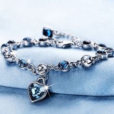 Heart Queen Sapphire Bracelet-Fashion Bracelets & Bangles-StylinArts Blue Crystal Bracelet, Sterling Silver Heart Bracelet, Silver Heart Bracelet, The Bangles, Sapphire Bracelet, Fine Jewelry Gift, Love Bracelets, Blue Bracelet, Pendant Bracelet