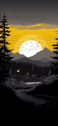 the sun is setting over some trees and mountains with birds flying in the sky above