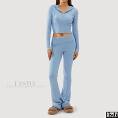 Fisdy - Chic and alluring Hooded Knit Two-Piece Set with High Waist, Long Sleeves, and Long Pants Knit Two Piece Set, Knitted Hood, Sleeve Detail, Long Pants, Olivia Mark, Pants Set, Types Of Sleeves, High Waist, Two Piece