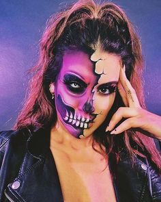 Half Face Halloween Makeup, Face Halloween Makeup, Half Face Makeup, Halloween Skeleton Makeup, Halloweenský Makeup, Holloween Makeup, Creepy Halloween Makeup, Cute Halloween Makeup, Halloween Makeup Pretty