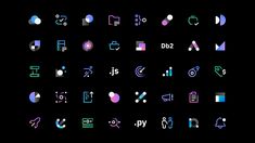 an abstract set of icons with different colors and shapes on a black background, including the letters