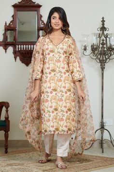 Cream pure chanderi kurta with yellow and pink floral digital print. Comes with dyed pant and a pure organza dupatta with magzi and dori patti hand embroidery. - Aza Fashions Designer Yellow Kurta With Printed Motifs, Designer Wear Yellow Kurta With Printed Motifs, Yellow Chanderi Sharara With Printed Motifs, Yellow Chanderi Palazzo Set With Printed Motifs, Unstitched Chanderi Sharara With Printed Motifs, Yellow Salwar Kameez With Printed Motifs, Yellow Straight Kurta With Printed Motifs, Yellow Chanderi Traditional Wear With Printed Motifs, Yellow Traditional Wear Straight Kurta With Printed Motifs