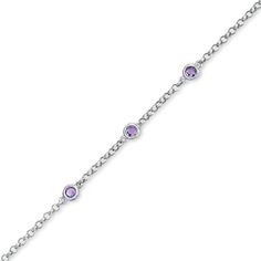 A high-impact look with shimmer to spare, this stunning bracelet pairs sterling silver rolo-link chain with dazzling amethyst gemstones in a look that grabs the eye. Three gorgeous 3.0mm round amethysts are carefully bezel set along the chain, creating the illusion that they are floating in midair. Polished to a brilliant shine, this 7.0-inch bracelet makes a thoughtful gift for the February birthday girl. The style secures with a lobster claw clasp. Station Bracelet, February Birthday, Purple Stones, Amethyst Stone, Chain Ring, Toe Rings, Gemstone Bracelets, Amethyst Gemstone, Birthday Girl